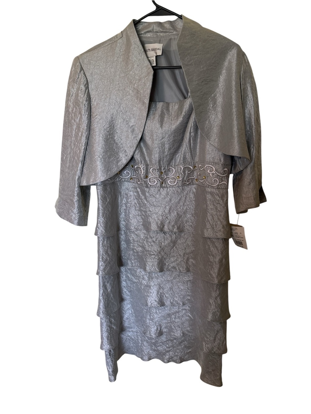 David's Bridal Silver Metallic Tiered Dress with Bolero Jacket